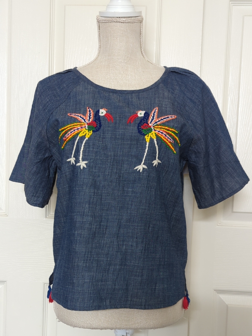 Banjanan Fiona Chambray Denim Peacock Embroidered Top